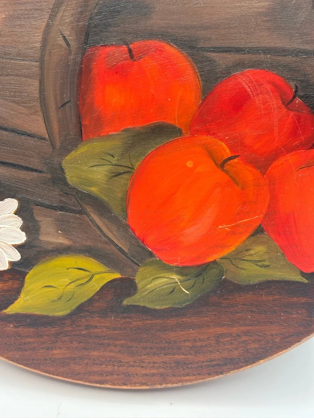 Vintage Hand-Painted Round Wooden Wall Plaque, Red Apples in Wooden Barrel